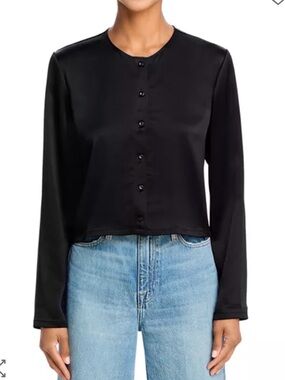 Leset Size L • Black Satin Crewneck Button Front Cardigan Blouse Top.